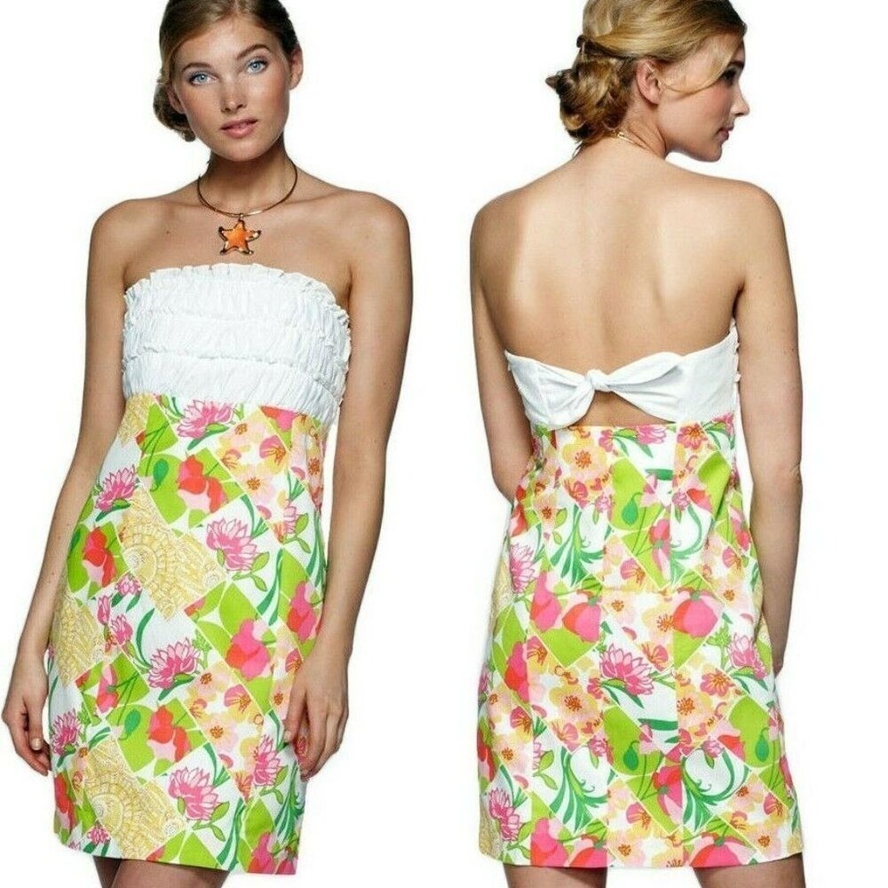 Lilly Pulitzer Franco Lilly Fields Forever‎ Floral Tie Back Strapless Dress Sz 2